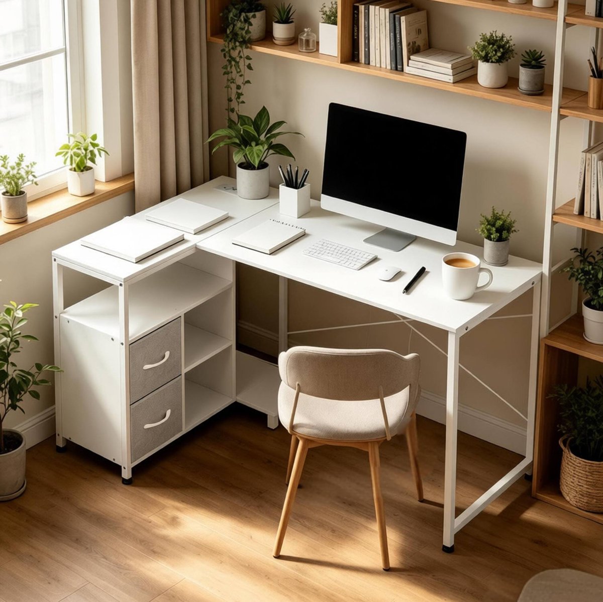 STILVORA Hoekbureau - Omkeerbaar L Vormig Bureau Met Stopcontact En Ruime Opbergruimte - Voor Thuiswerk En Studie - Wit - 120x80x76 Cm
