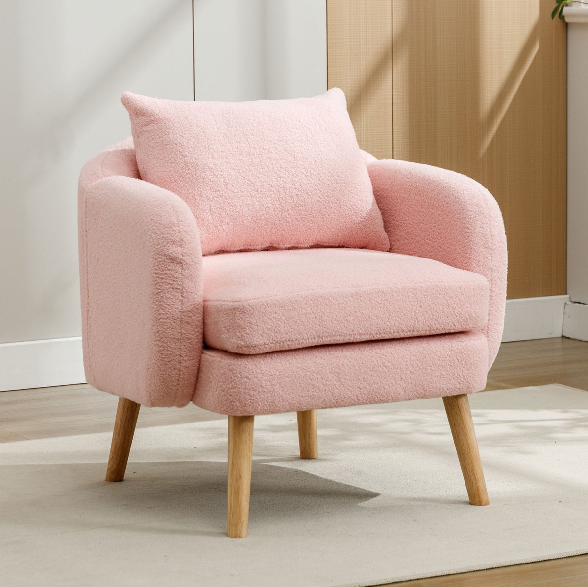 COVREO Fauteuil 71 x 72 x 79 cm - pink pluche stof velvet, houten poten, met kussen