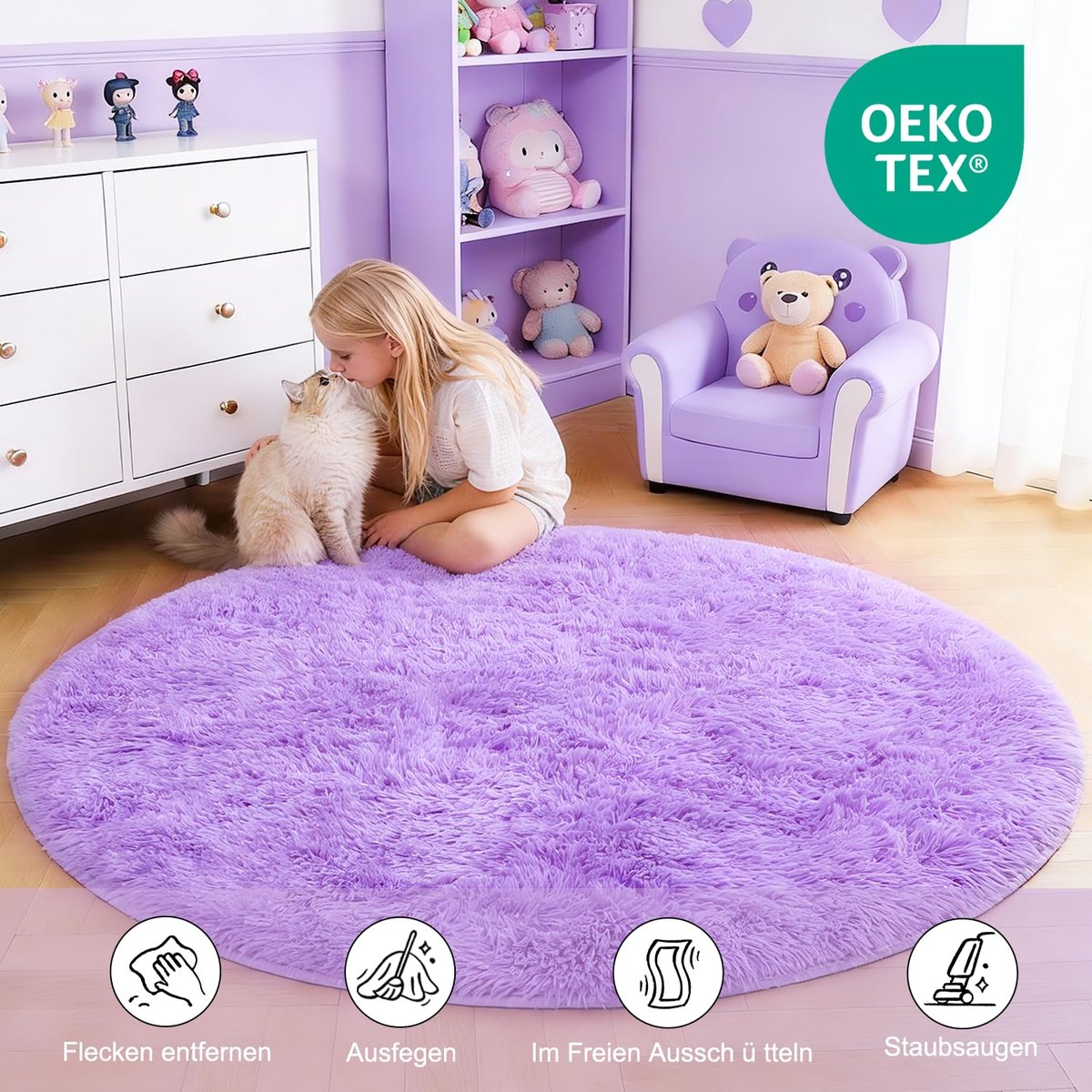 SnelShoppen - ROHATIM Rond Vloerkleed Shaggy Tapijt Groot Formaat Pluizig Decoratief Modern Paars 120x180 cm voor Woonkamer Bank Mat
