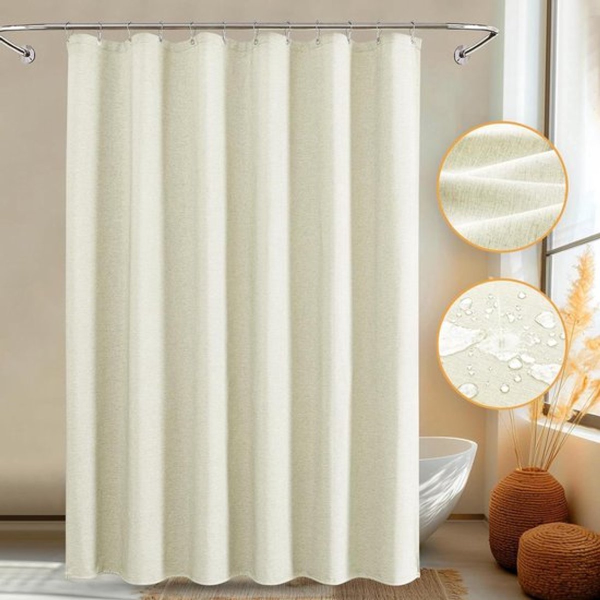 Douchegordijnset met linnen textuur en roestvrijstalen haken - 230 g/m² - Hotelkwaliteit - Waterafstotend - Machinewasbaar - 183 x 214 cm