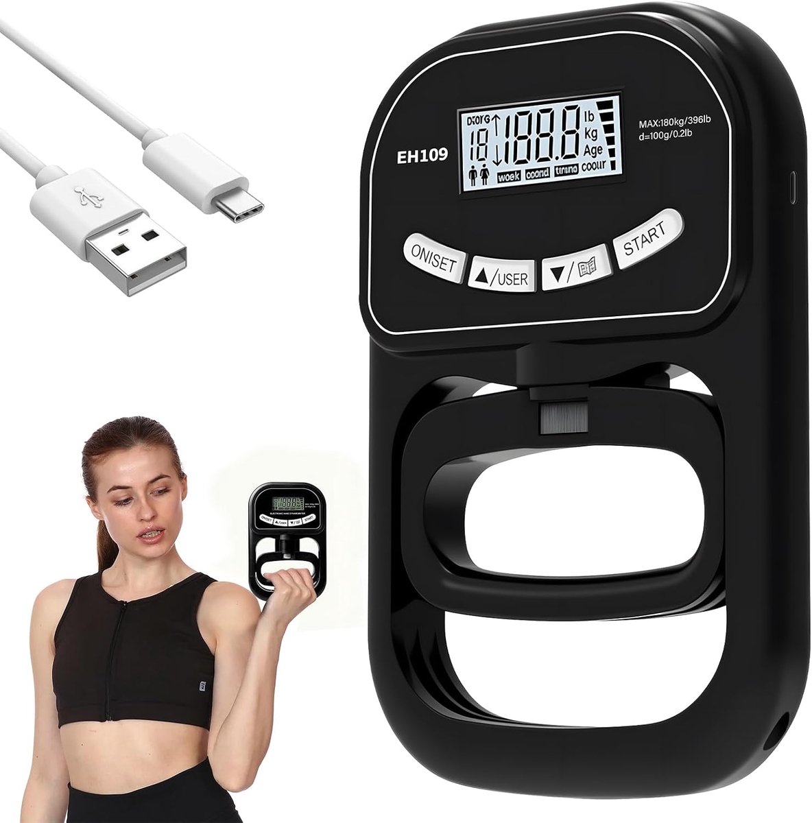 Digitale Handknijpkrachtmeter - Handdynamometer tot 90 kg - LCD Display - USB Oplaadbaar - Grip Strength Meter
