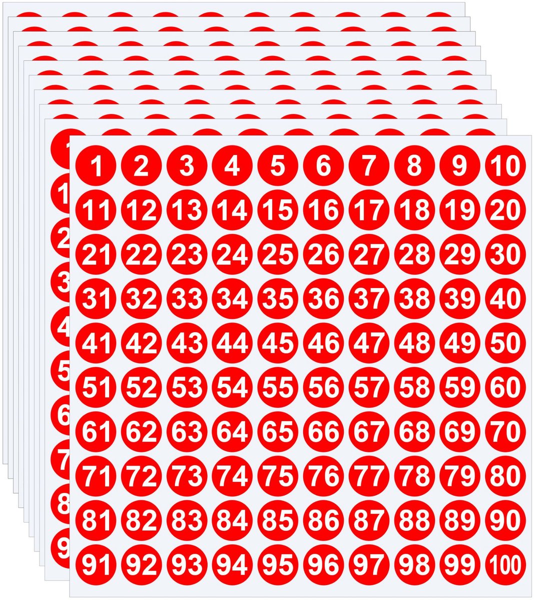 Genummerde Stickers Rood 1 t/m 100 – 10 Vellen – Ronde cijfer stickers 1 cm – Zelfklevende Etiketten