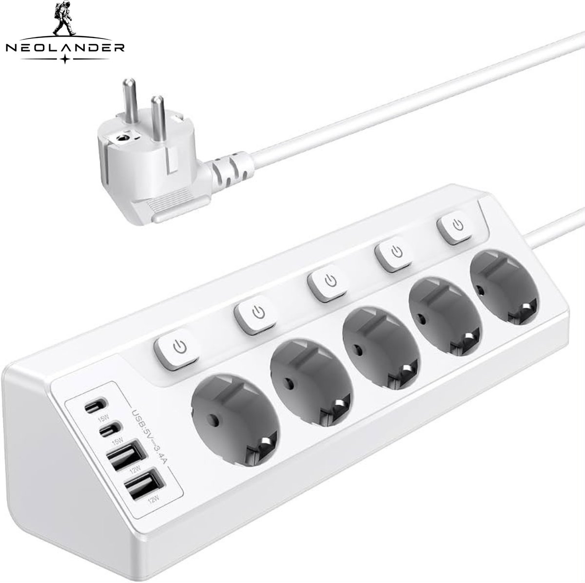 NeoLander - Hoekstekkerdoos - 5-voudige Stekkerdoos met 4 USB-poorten - 2 USB-C & Onafhankelijke Schakelaars - 2 m Kabel en Kinderbeveiliging - Wit