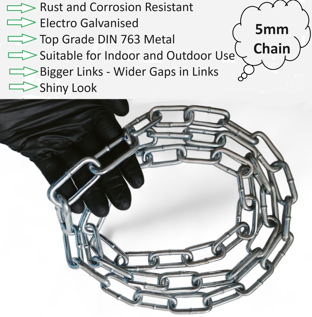 SnelShoppen - Heavy Duty Gegalvaniseerde Metalen Schakelketting 5mm x 5 Meter - Roestvrij Staal - Extra Sterk voor Fietsslot, Hangslot, Veiligheidspoo