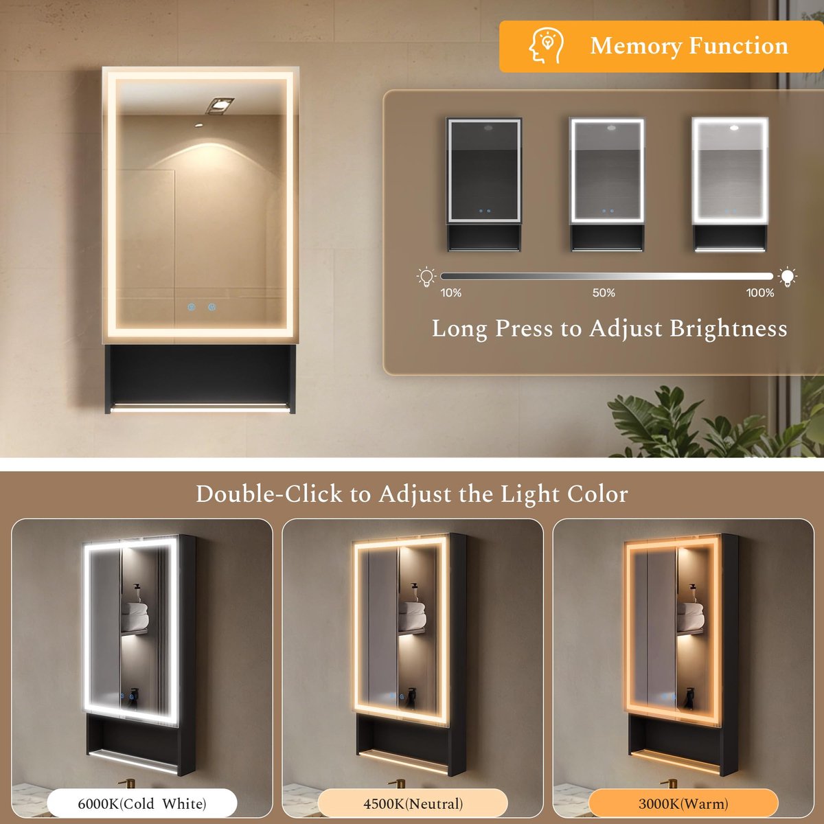 SnelShoppen - MIRROLIA Spiegelkast Badkamer met Verlichting, 50x88 cm, 3-Kleurenmodus, Aluminium, Opslagplanken, Ontcondensfunctie, Stopcontact, USB,