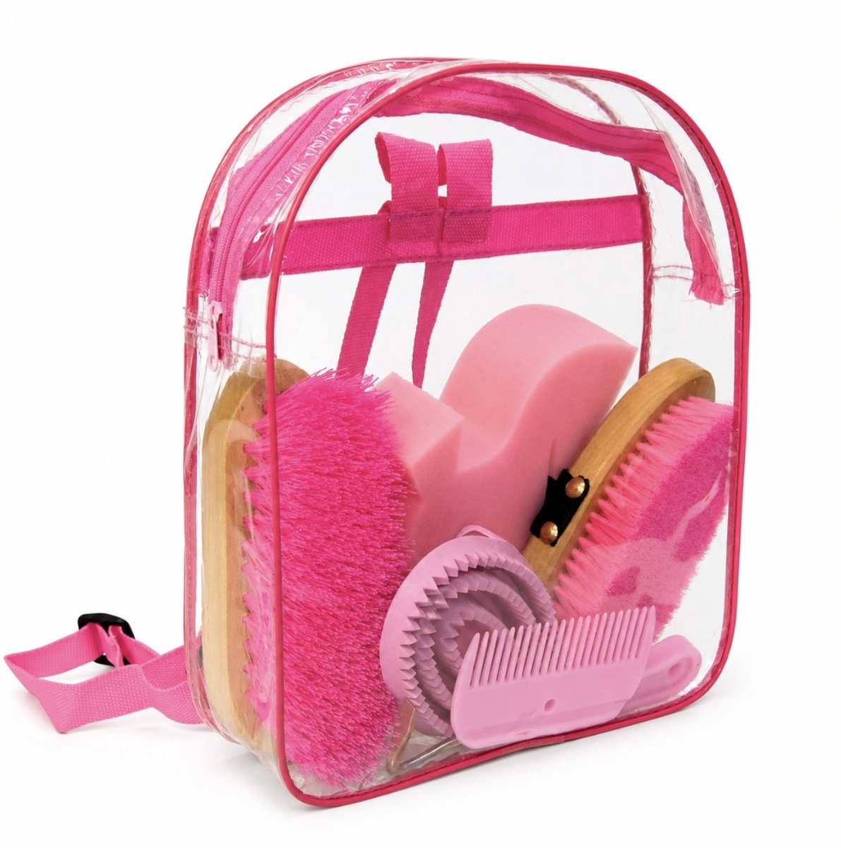 BSS® Paarden spullen - Reinigingsrugzak voor Paarden – Roze Doorzichtige Rugzak met Paardenverzorgingsset – Schoonmaakgereedschap voor Paard en Pony