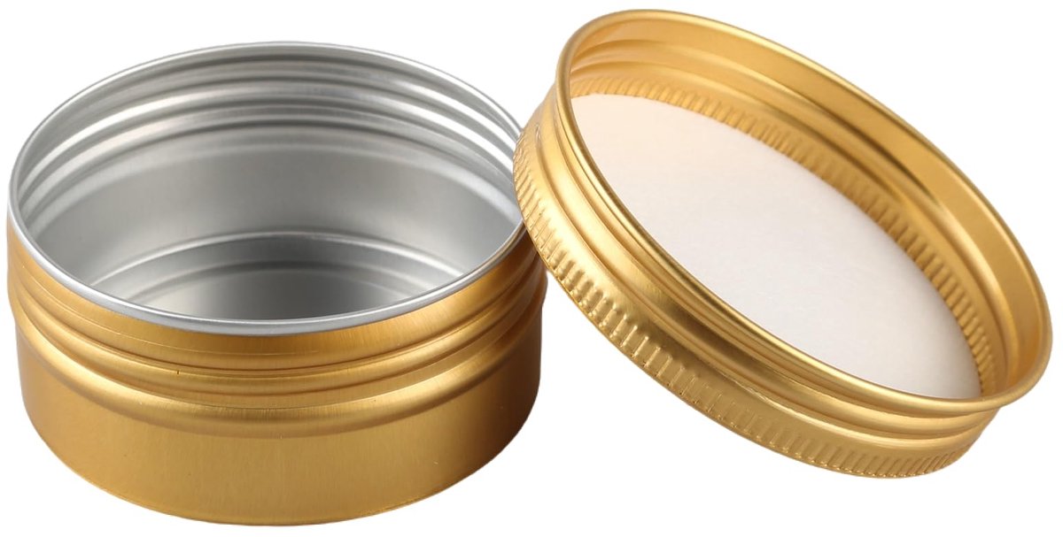 SnelShoppen - 10 stuks 50 ml goud aluminium lege potjes ronde blikjes met schroefdeksel - Cosmetica, kaarsen, zalven, 5 spatel, 1 etiket - Perfect voo