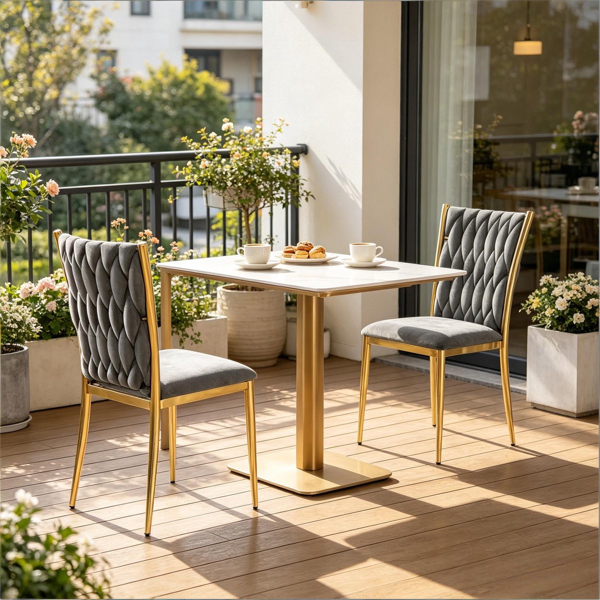 OKWISH Eetkamerstoel Set van 2 - Hoge Rugleuning, Zachte Bekleding en Stevige Metalen Basis - Voor Eetkamer, Woonkamer en Home Office - Velvet - Donkergrijs en Goud