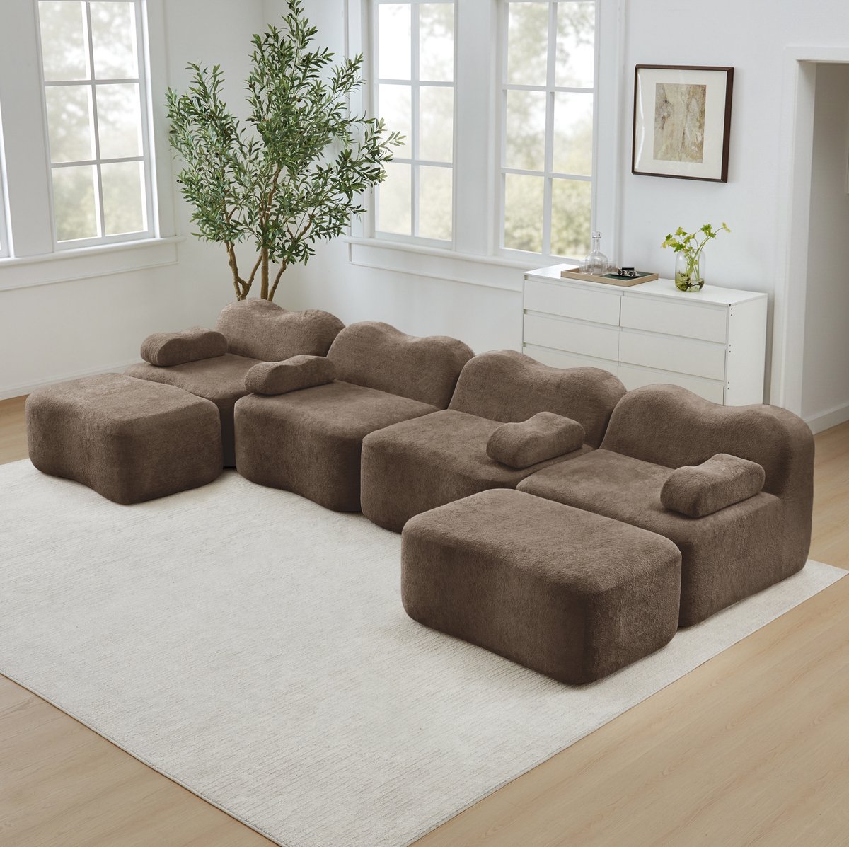 COVREO U-bank 384 cm – 4-zits, bruin velvet, 32D schuim, frameloos, 2 ottomans