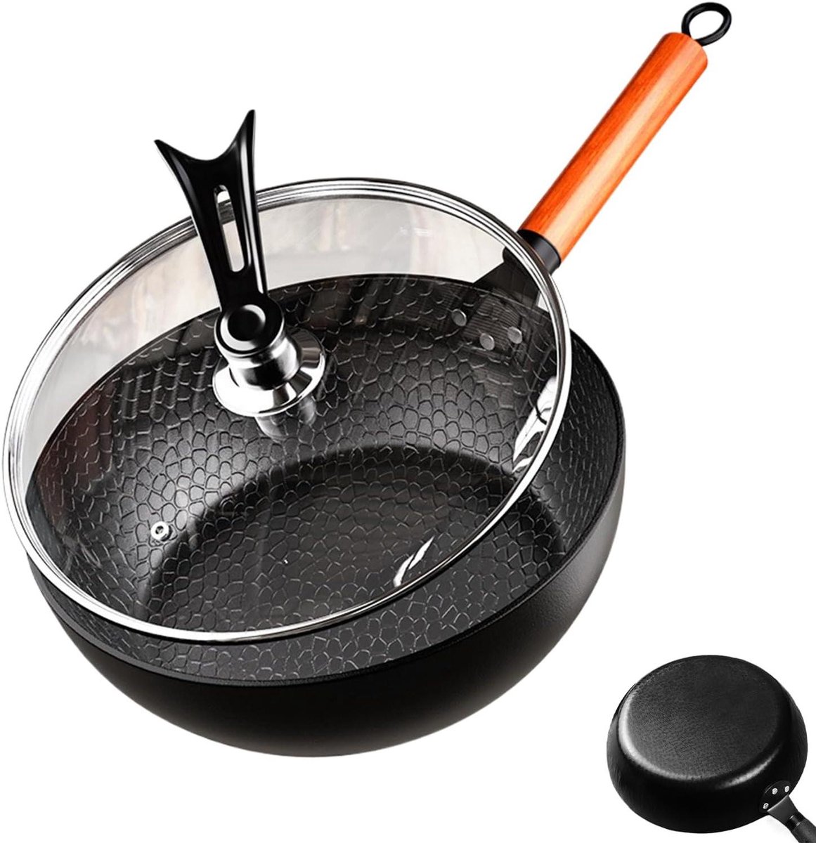 Koekenpan - Koekenpan met deksel - Koken en bakken - Handgemaakt gehamerd - 19cm handvat - Meerkleurig