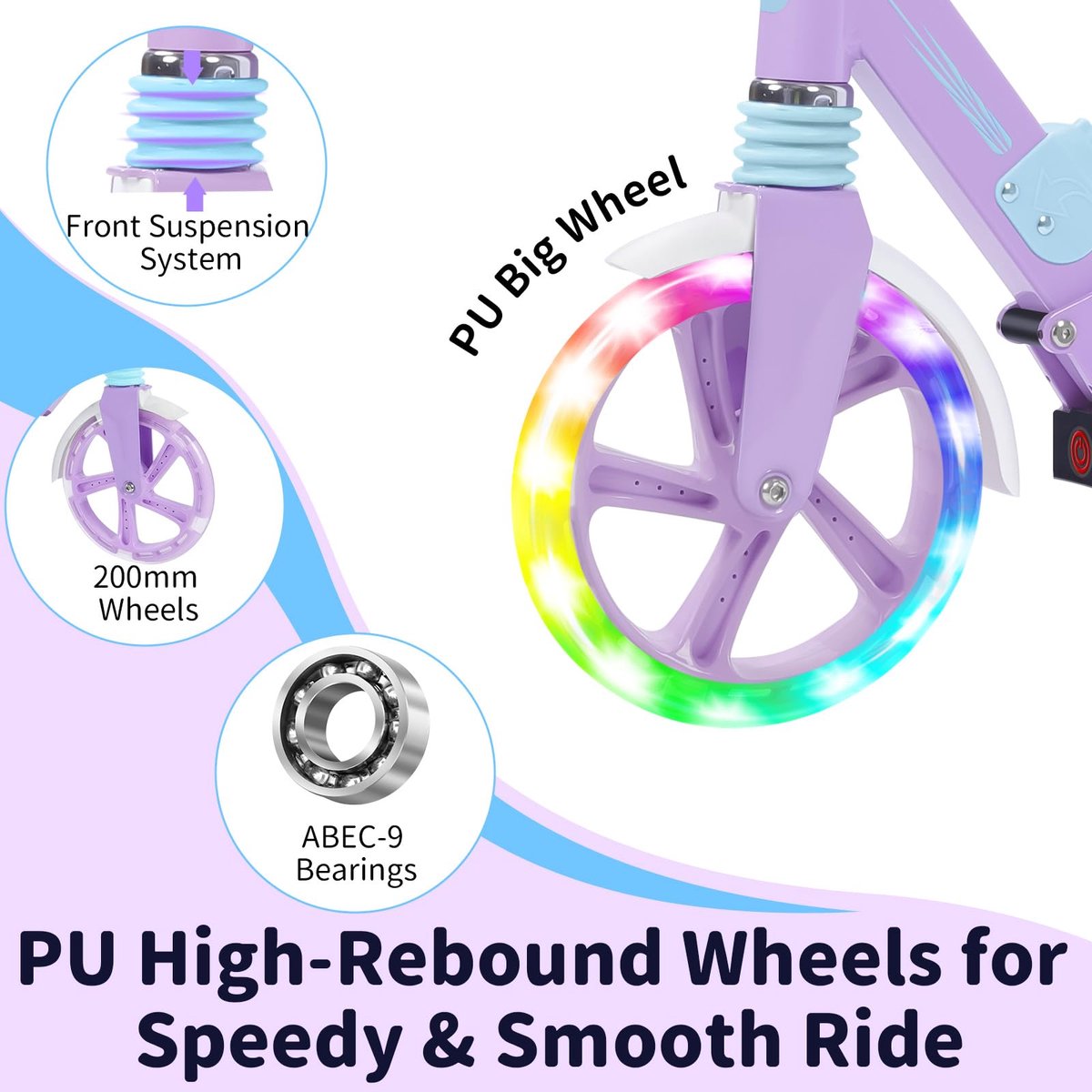 SnelShoppen - Opvouwbare Scooter voor Kinderen en Volwassenen - 2 Wielen, Lichtgewicht, Verstelbare Hoogtes, Oplichtende Stuurpen en Dek, Light Purple
