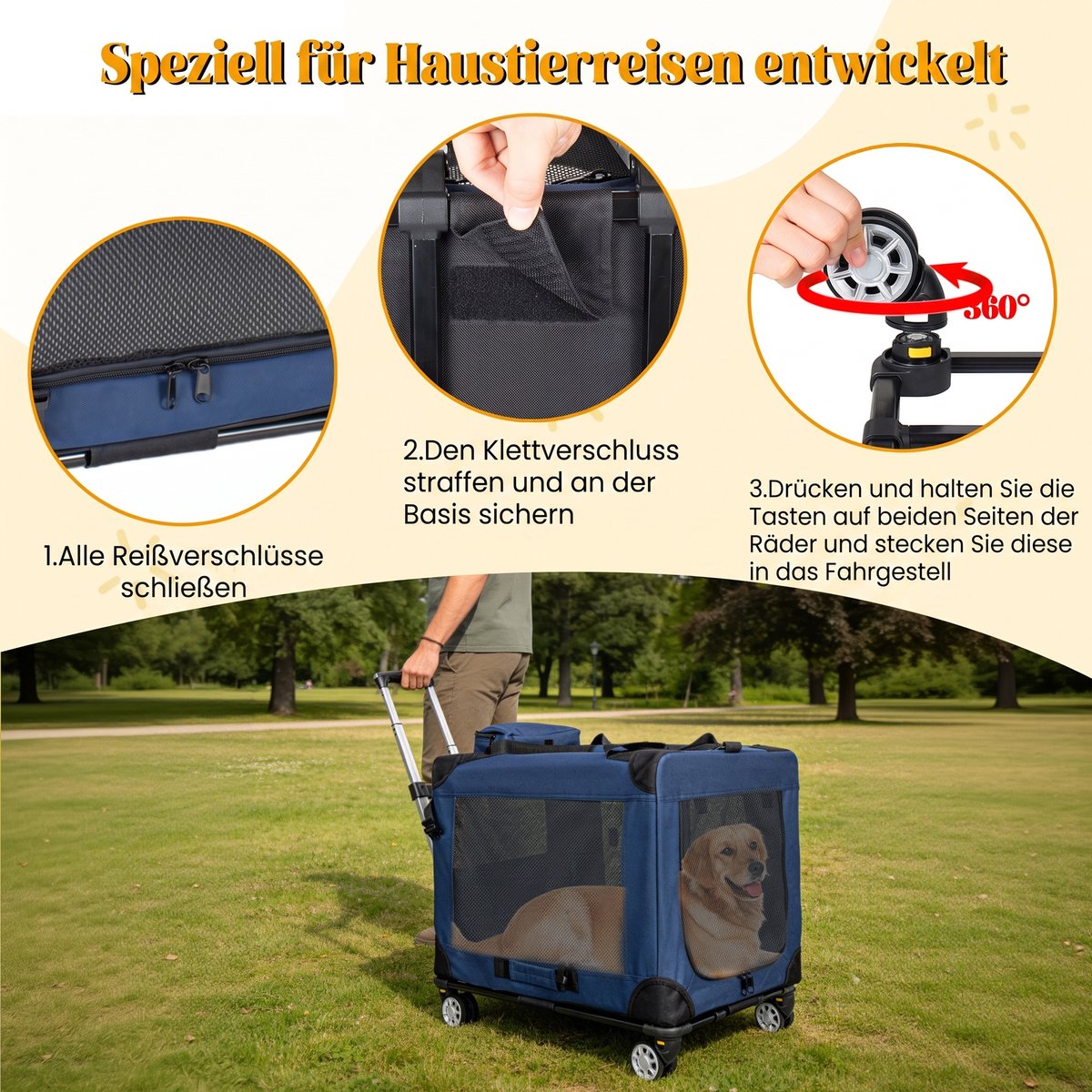 HAUSS SPOLE Reisbench - Opvouwbaar Met Wielen - Tot 18 kg - Staal - Donkerblauw - Voor Reizen Binnen En Buiten - 3 Deuren