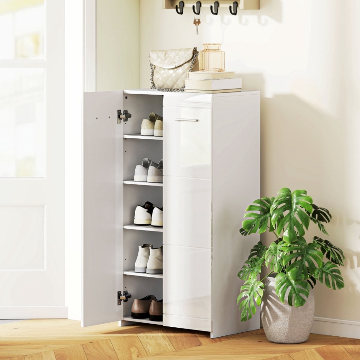 Witte Hoogglans Schoenkast Met Verstelbare Planken Voor 10 Paar Schoenen In De Hal En Slaapkamer 55x36x108 Cm