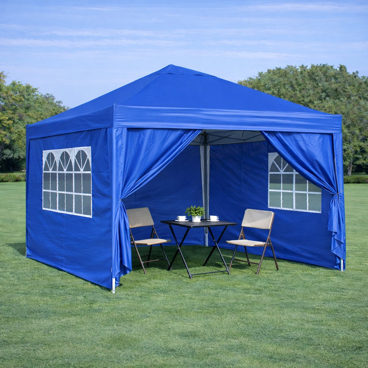 HAUSS SPOLE Partytent - 3 X 3 Meter - Inklapbaar - Staal En Gecoat Doek - Blauw - Met 4 Zijwanden, Ramen En Zandzakken