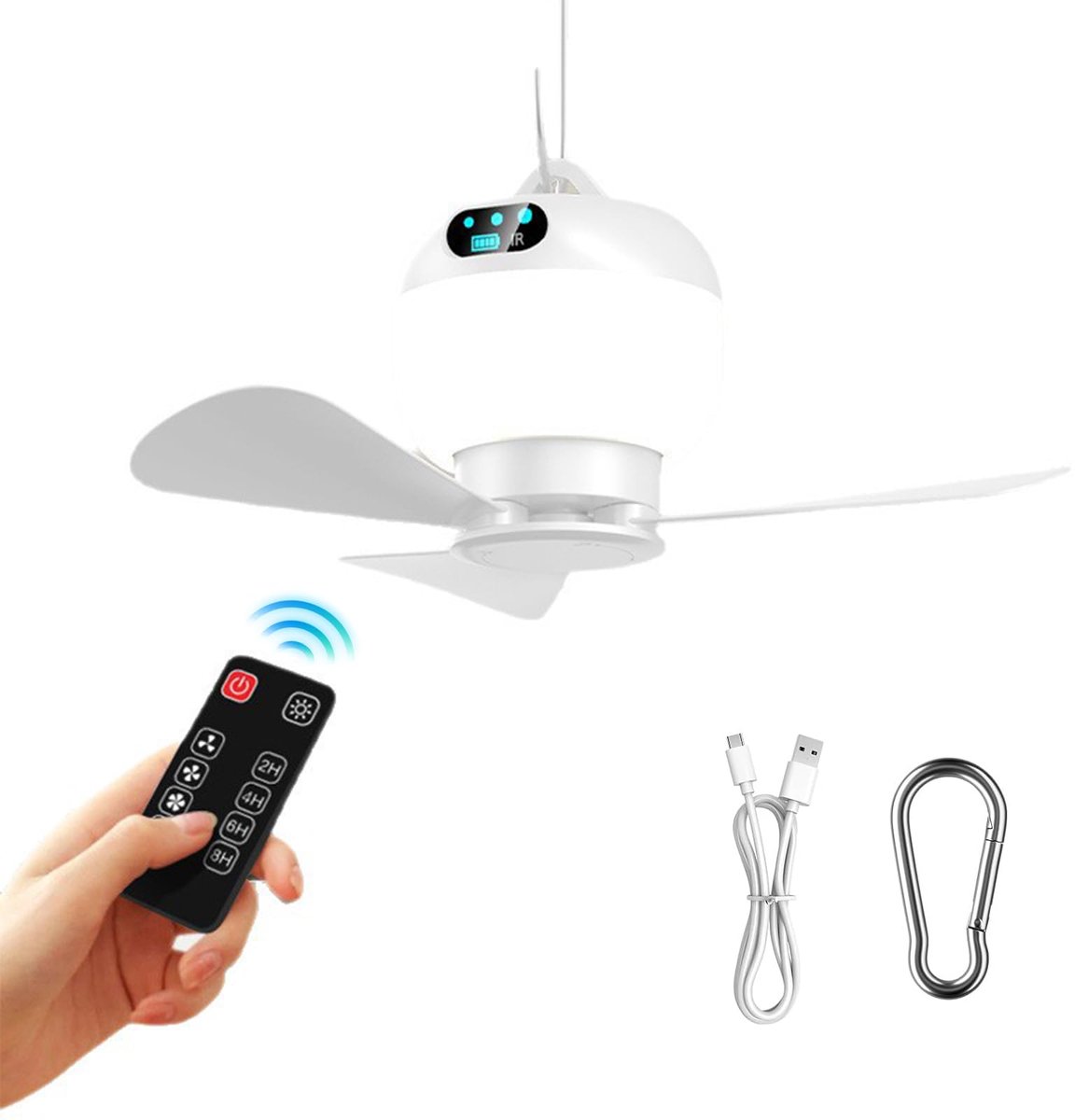 SnelShoppen - Roadtime 8000 mAh Campingventilator, Mini USB Ventilator met RGB LED Verlichting, 3 Snelheden, Plafondventilator, Tent Ventilator met Af