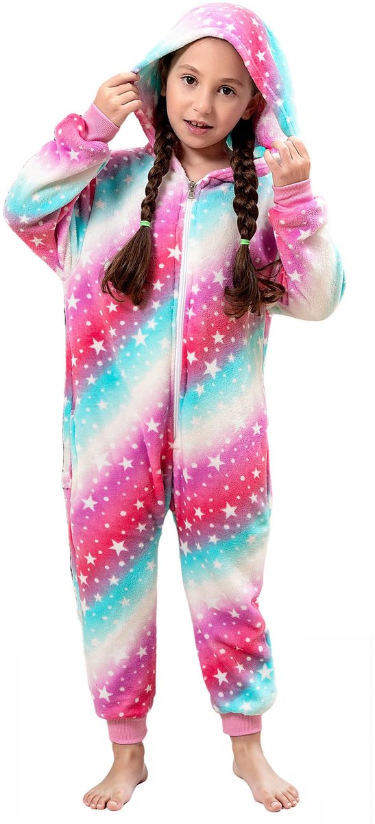 SnelShoppen - Meisjes Jumpsuit Regenboog Fleece met Capuchon, Zacht Pluizig Warm, Rits en Zakken, 3-10 Jaar, Roze/Blauw, Perfect voor Feest en Spelen