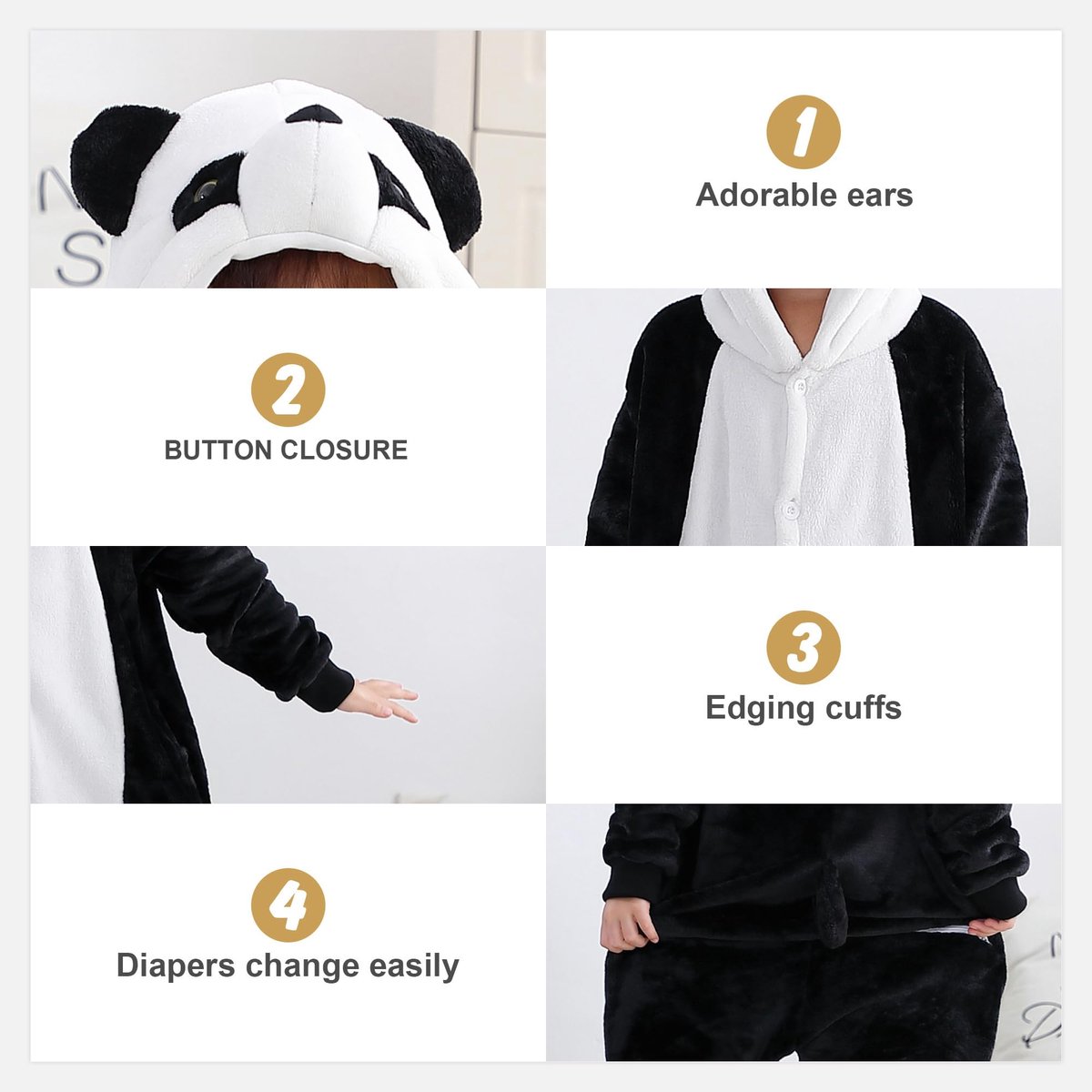 SnelShoppen - Unisex jongens en meisjes dieren capuchon romper pyjama 3-12 jaar, Panda jumpsuit voor kinderen, comfortabel slaappak met knoopsluiting
