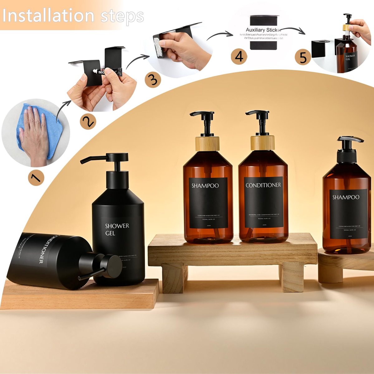 SnelShoppen - 3 Stuks Wandmontage Zeepdispensers 500 ml - Muur Zonder Boren - Wit met Bruine Fles en Zwarte Bamboe Kop - Ideaal voor Keuken en Badkame
