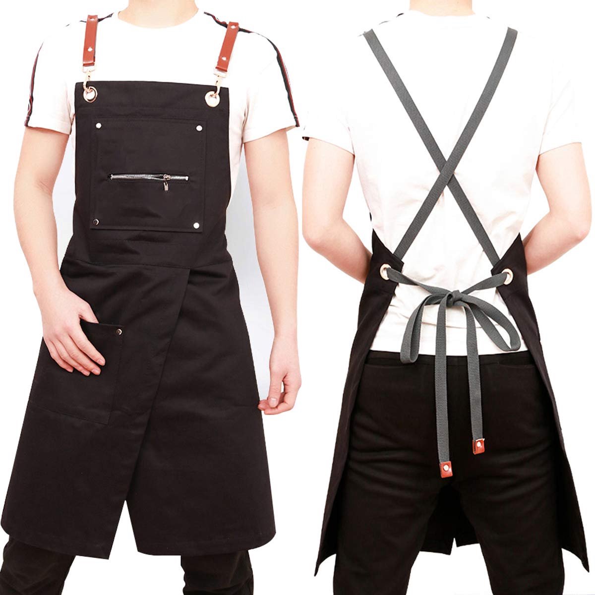 SnelShoppen - Zwarte Schort met Gespleten Been - Verstelbaar Schort voor Heren en Dames - Professioneel Keuken Schort, Barista, Bartender, Baker, Styl