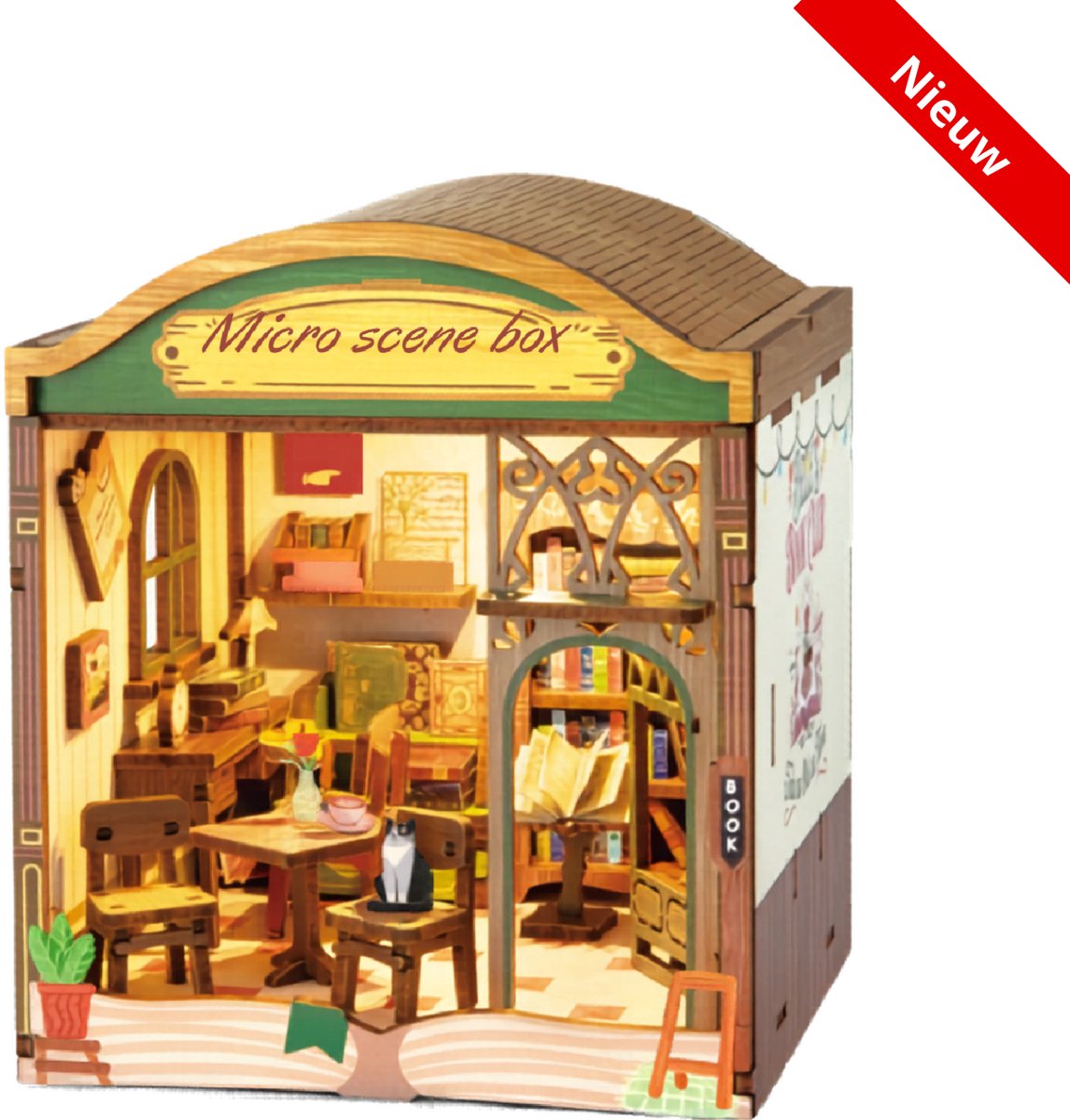 Kitcreatives- DIY Miniature Scene 3D Boekwinkel met LED- verlichting- MDF