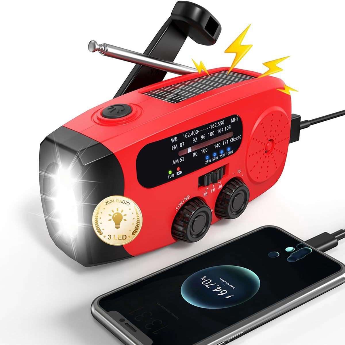 NAXSIR Noodradio met zonnepaneel en handkruk, 2000mAh accu, LED zaklamp, noodpowerbank, 3 oplaadmethodes, IPX3 spatwaterbestendig