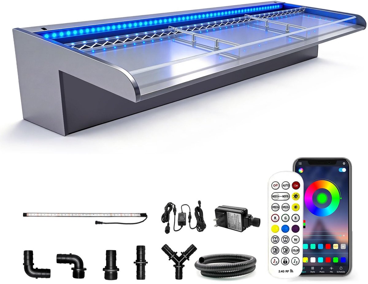 SnelShoppen - 60cm Vijver Waterval Blade met Bluetooth RGB LED Licht, Acryl Compleet Waterval & Stream Kits voor Tuin, Feest, en Buiten