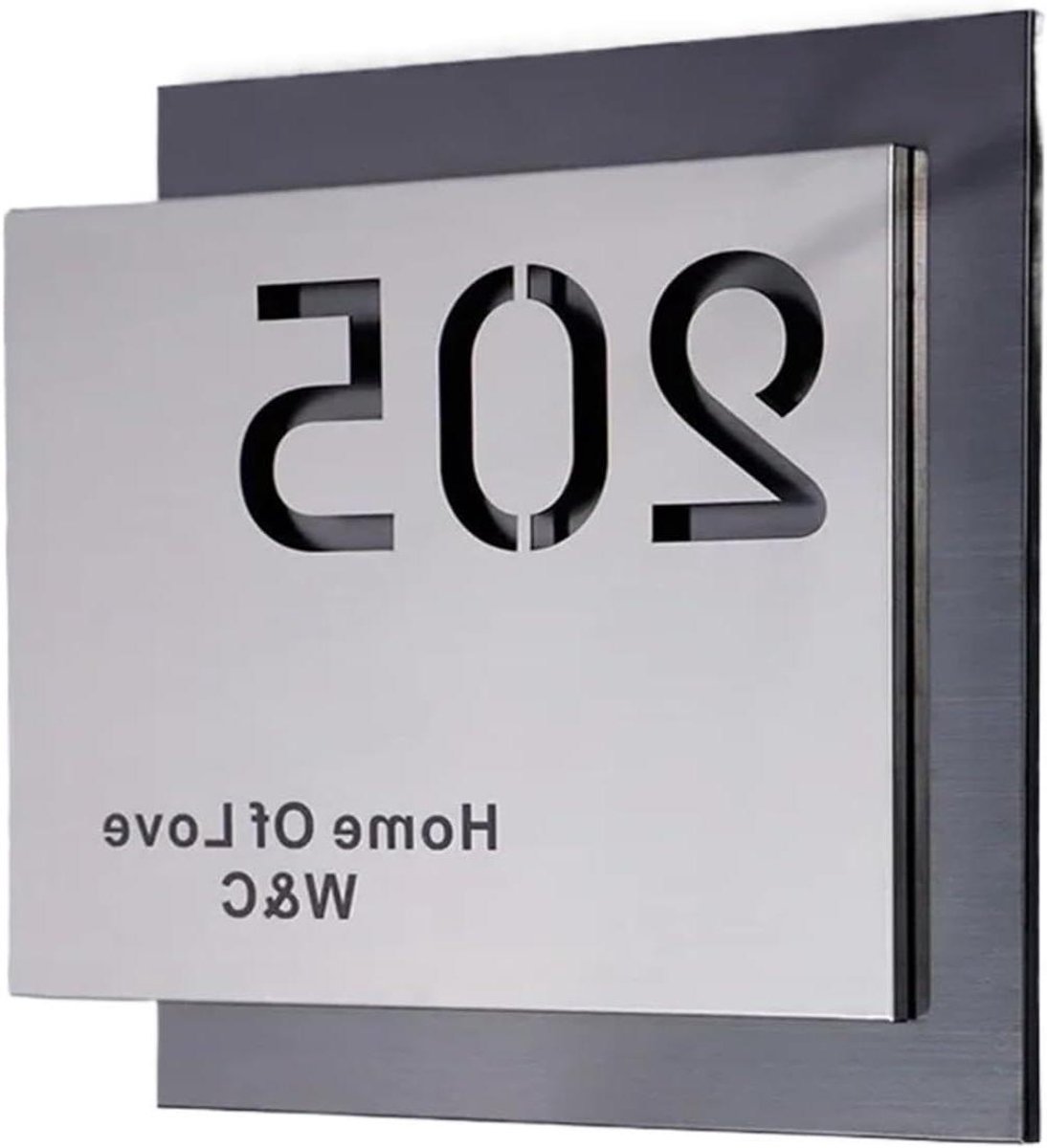 Huisnummer Plaquette - Naambord Deur - Adres Aangeven - Roestvrij Staal - 20x20cm - Zilverkleurig