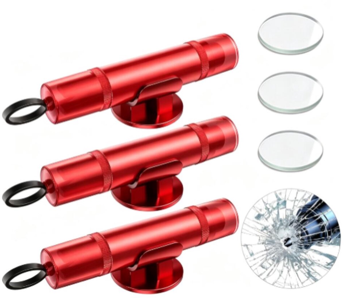 3 Stuks Noodhamer - 2-In-1 Auto Veiligheidshamer - Auto Hamer - Gordelsnijder - Ruitenbreker - Inclusief Testglas & Zelfklevende Houder - Nooduitgang Gereedschap - Draagbare Auto-Reddingstool - Voor Gebruik Onder Water Bij Auto-Ongelukken - Rood