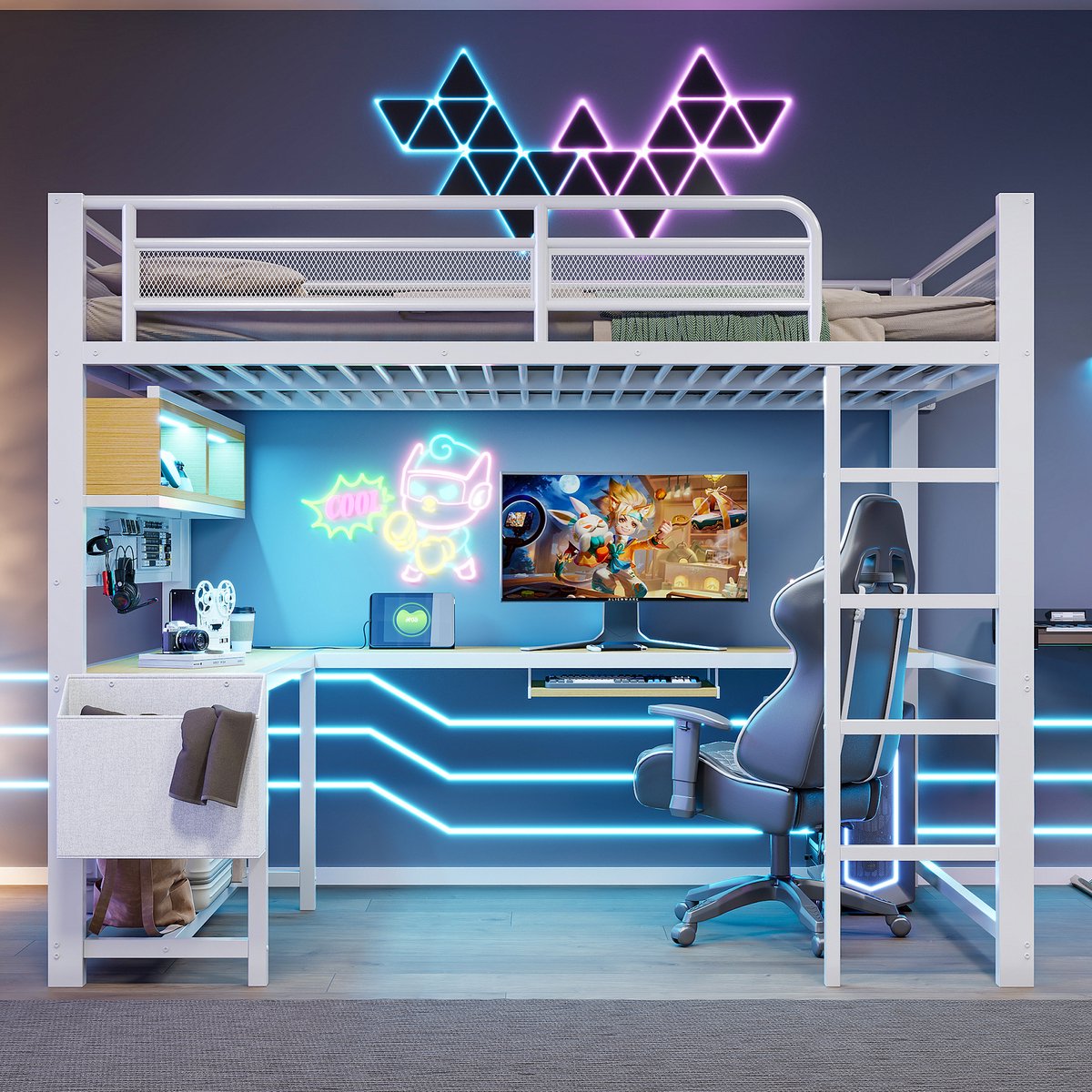 Hoogslaper 140x200 cm - Gaming Bed Met Bureau, LED Licht En Laadstation Wit