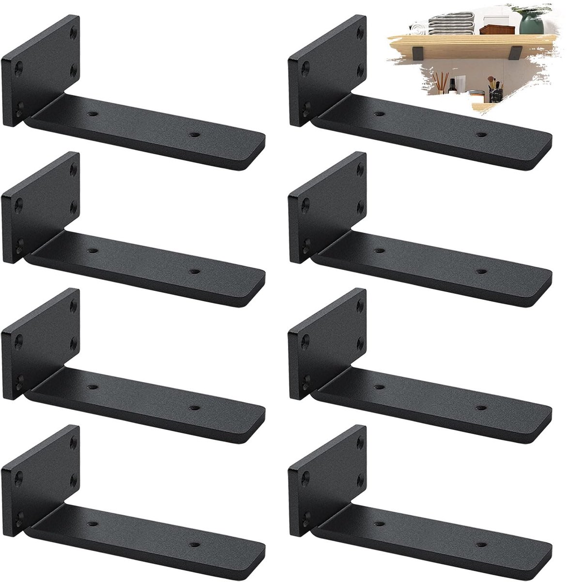 Dailygoods - Zwevende Plankdragers - 8 Stuks Robuuste L-Vormige Metalen Plankdragers in Zwart (20cm)