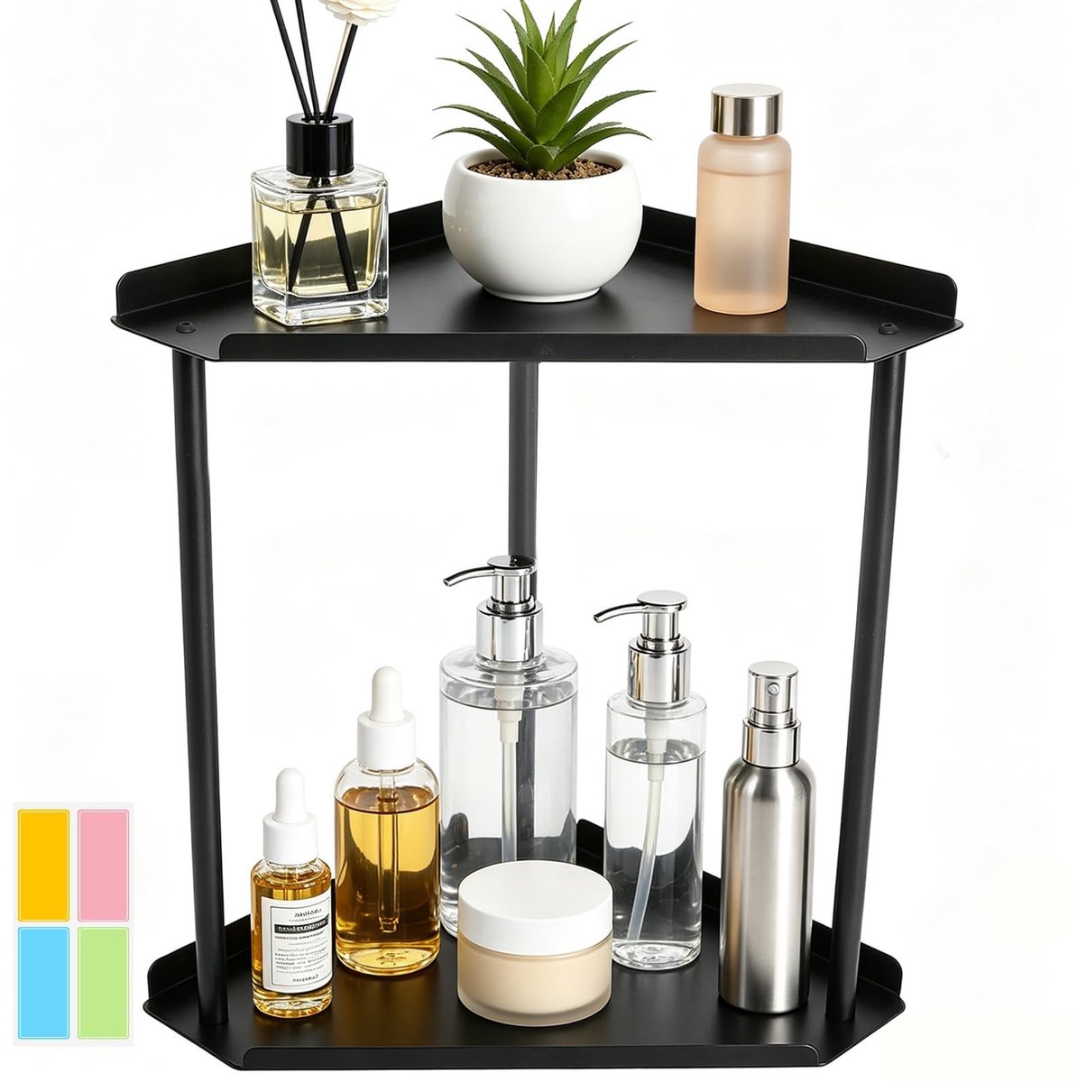 Hoekrek - Zwart - 27 x 15 x 27 cm - Metalen Staand Rek met 2 Etages - Voor Badkamer of Keuken