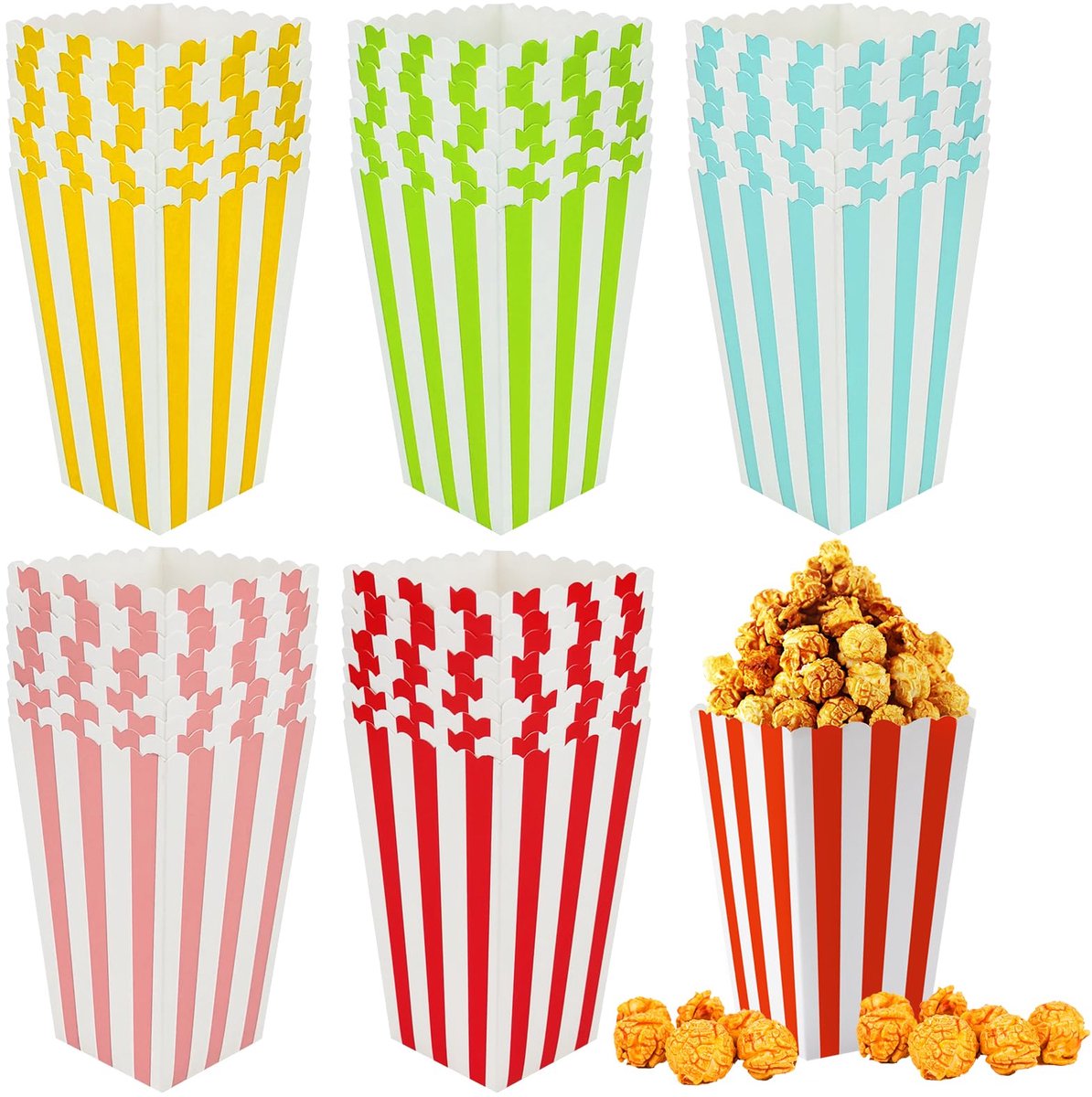 Dailygoods- Popcorndozen 50 Stuks - Retro Streepjes - Voedselveilig Karton - Compact 11,5x7x5 cm - Lichtgewicht - Waterdicht - Perfect voor Feestjes - Popcornbakjes