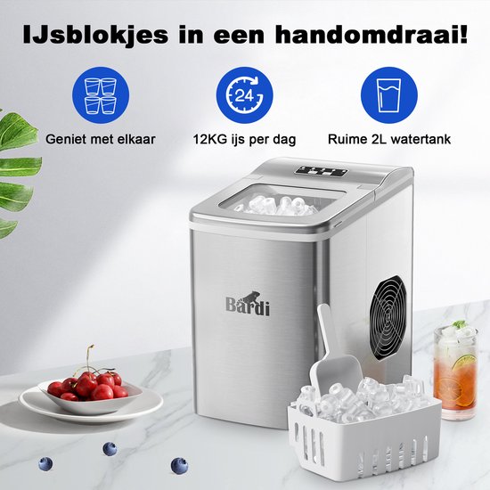 Bardi IJsblokjesmachine Set - 2 Liter - 12KG IJsblokjes in 24 uur - met IJsschep - Inclusief 1 Luxe Thermosbeker - RVS - Citruspers RVS van Bardi — afbeelding 2