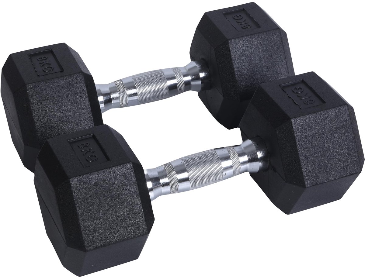 SnelShoppen - 8 Kg Hexagon Rubber Coated Dumbbell Set | Perfect voor Bodybuilding, Fitness, Thuis, Gym, Gewichtheffen, Zwart, Duurzaam IJzer en Rubber
