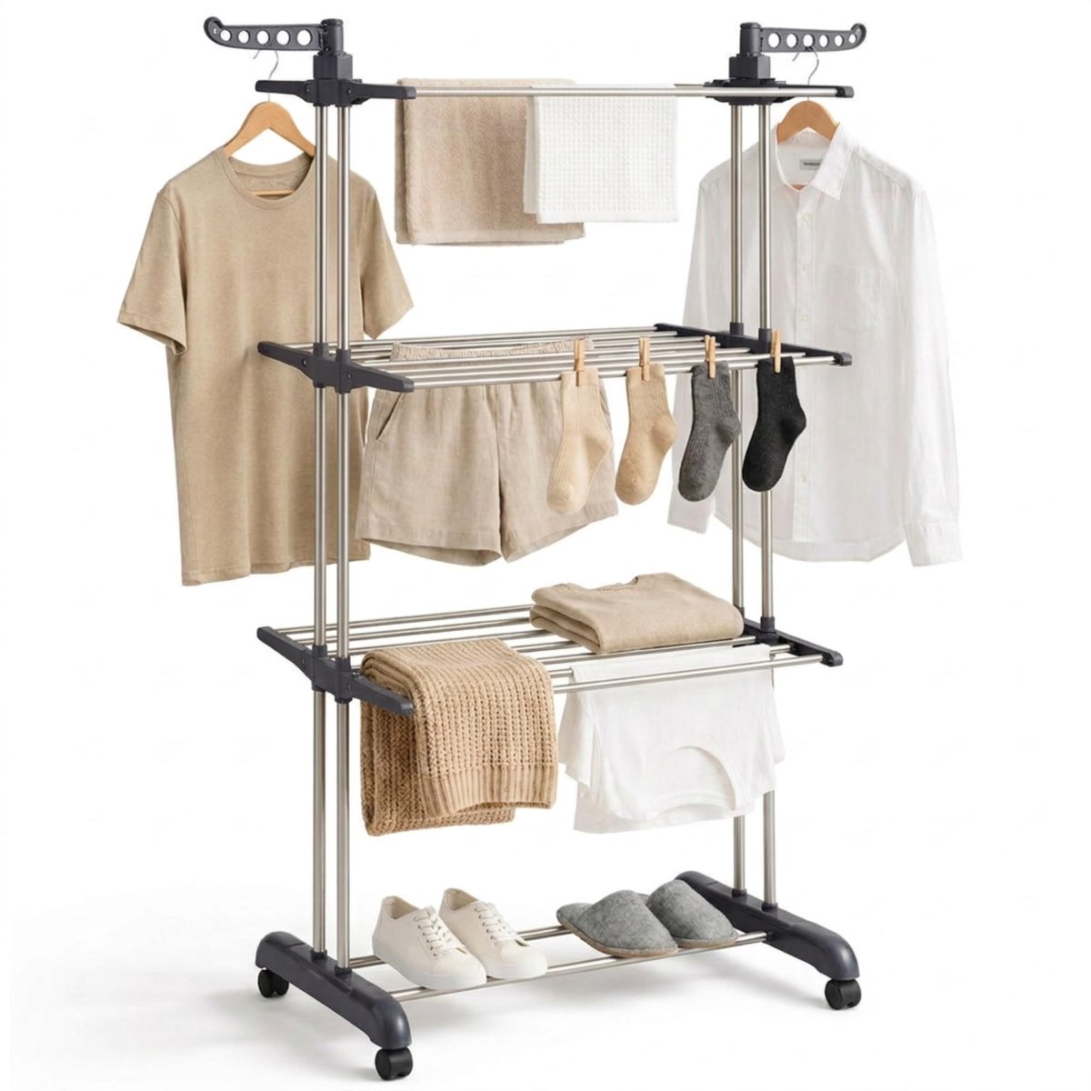 SnelShoppen - Verticaal droogrek met 4 niveaus, roestvrij staal, 35 kg capaciteit, met wielen, ruimtebesparend, voor binnen en buiten, grijs