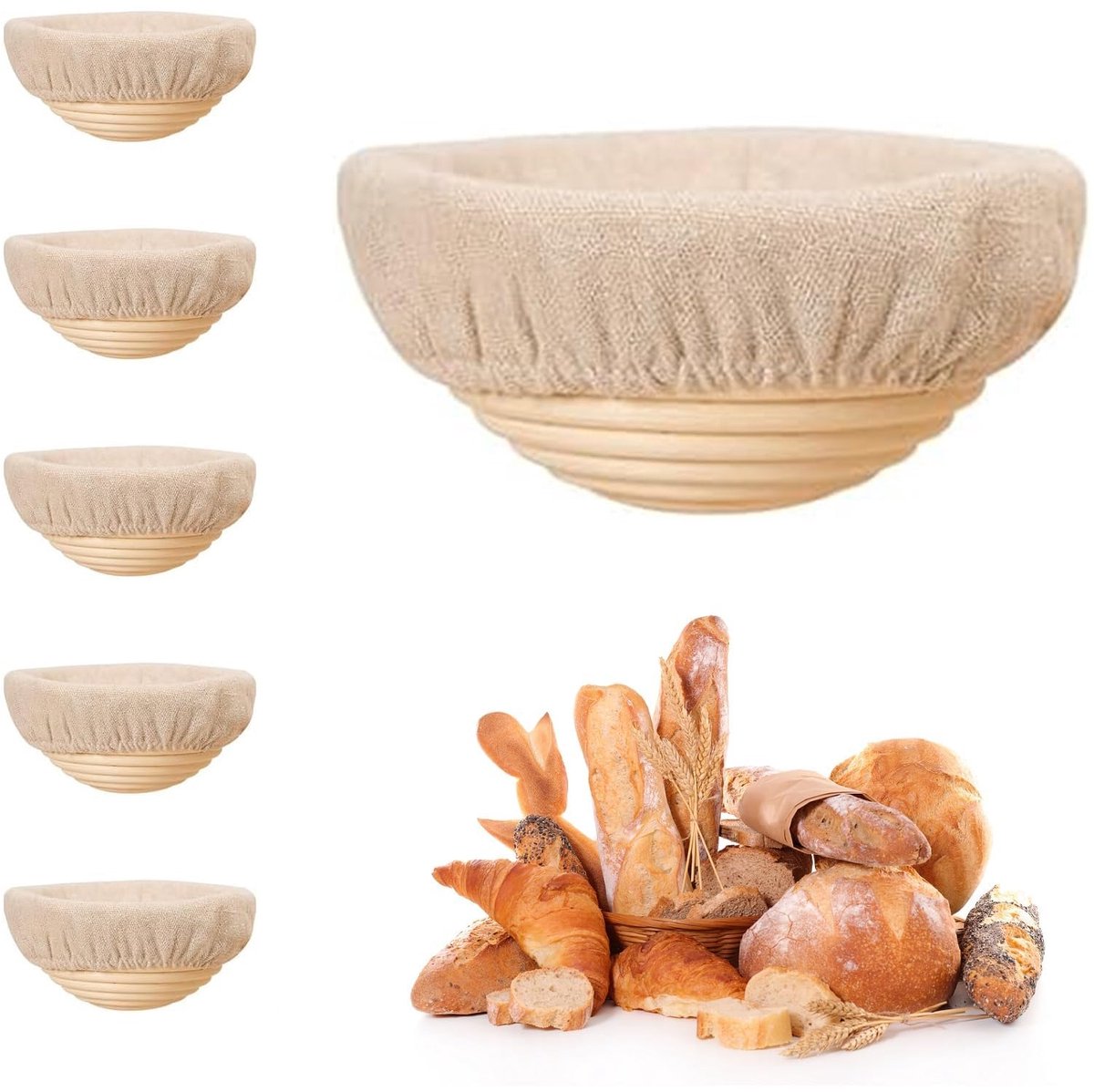 SnelShoppen - Ronde Rijsmandjes Set van 6 Stuks - Mini Broodbakken van Rotan - 15,24 cm Bannetons voor Brood Deeg - Ideaal voor Thuis Bakken, Keuken,
