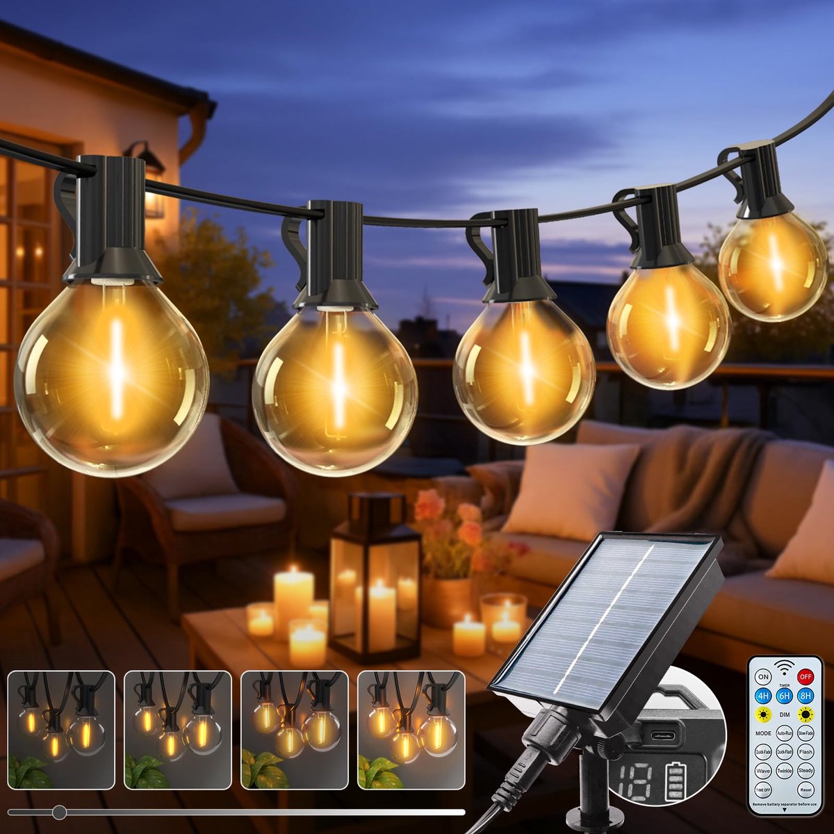 SnelShoppen - Lichtsnoer voor buiten, Zonne-energie, 10m, 8 Modi, G40, Dimbaar, Weerbestendig, Waterdicht, Lichtketting voor Tuin, Balkon, Terras, Fee