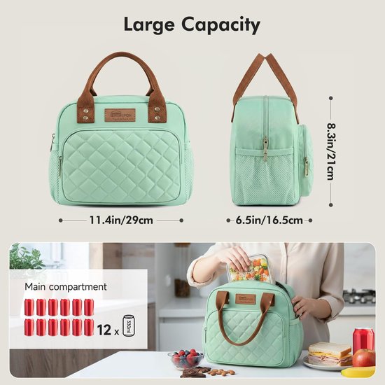 SnelShoppen - Geïsoleerde Lunchtas voor Vrouwen en Mannen, Koeltas Lunchbox Draagtas in Groen, Perfect voor Werk, School, Picknick en Meer van Snelshoppen — afbeelding 2
