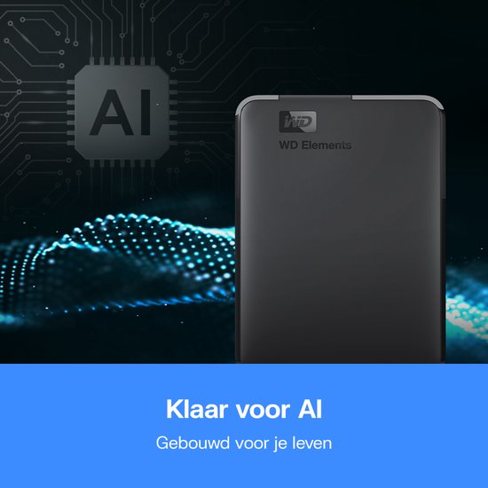 Zwarte WD Elements externe harde schijf met abstracte AI-achtergrond en circuits.