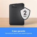 Zwarte WD Elements externe harde schijf met een schild-icoon met "2 jaar garantie".