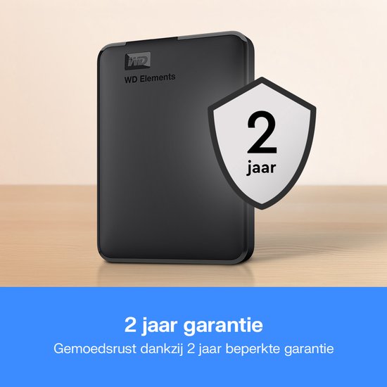 Zwarte WD Elements externe harde schijf met een schild-icoon met "2 jaar garantie".