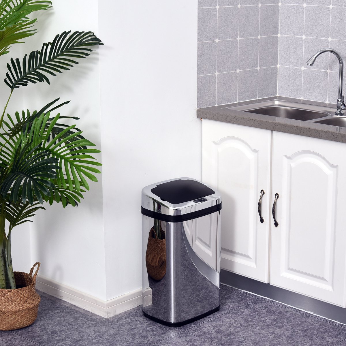DESMIU Sensorprullenbak 30L Vierkant RVS Zilver Met Infraroodsensor Automatisch Openende Deksel Voor Keuken En Thuisgebruik