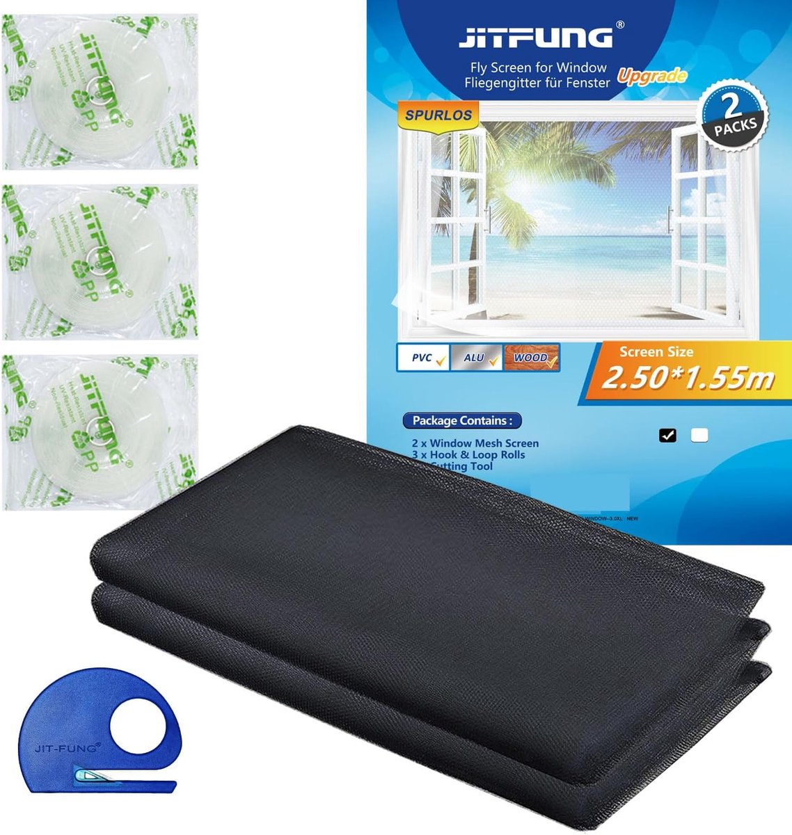 SnelShoppen - DIY Vliegenhor voor Ramen 2 Stuks - Klamboe Insectengaas 250x155 cm - Zwart met Zelfklevende Haakbanden - Ideaal voor Thuis, Tuin en Kam