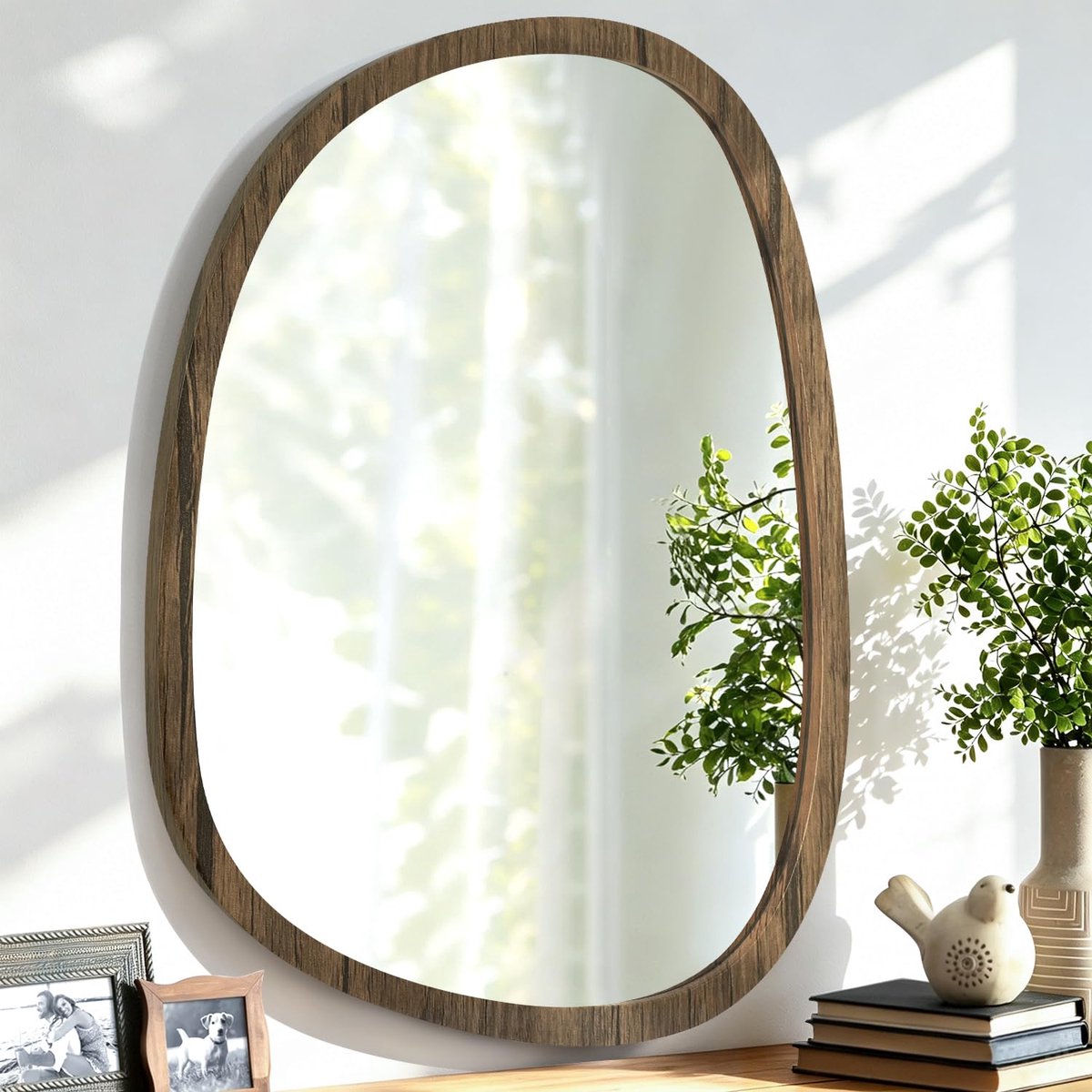 SnelShoppen - Asymmetrische Ovale Spiegel met Houten Lijst, Unieke Decoratieve Muurspiegel voor Badkamer, Woonkamer, Slaapkamer en Entree, Moderne Kap