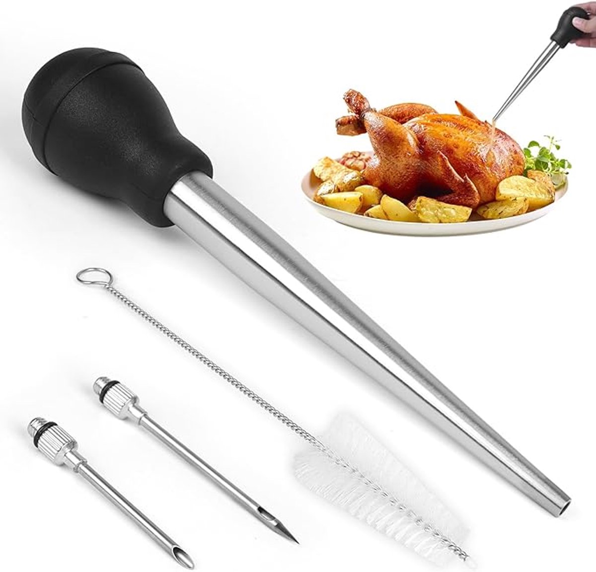 BBQ Marinadespuit - 4-Delige Set - Rvs Marinade Injector - Bakdruppelaar - Met Siliconen Zuigballon - Vlees Injectiespuit - Marinade Injector - Jusdruppelaars - Geschikt Voor Grillen En Koken - Zilver