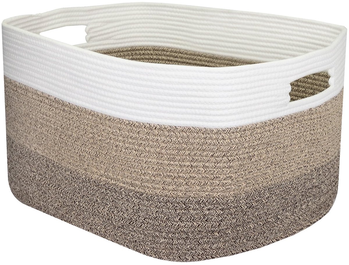 SnelShoppen - HMF XXL Wasmand Katoen - Rechthoekige Opbergmand met Handgrepen 55x43x30 cm - Wit-Bruin voor Wasgoed, Speelgoed, Kleding en Meer