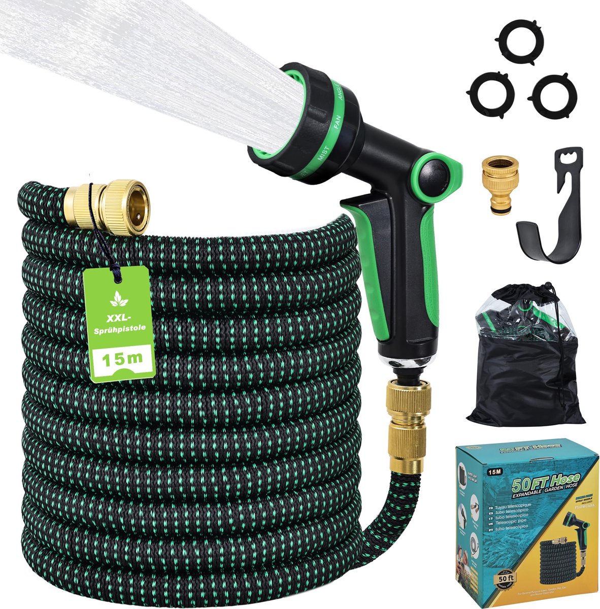 SnelShoppen - Flexibele Tuinslang 15m Automatisch Opwindbaar met XXL-Pistool 24cm, 10 Straalstanden, Metalen Connector 1/2" & 3/4", TPE 2500D, Zwart/G