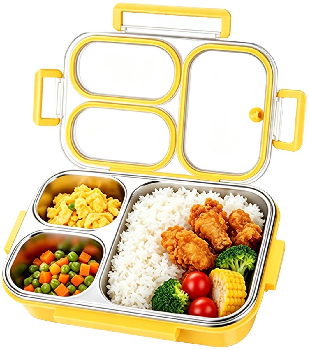 Dailygoods - Broodtrommel met 3 Vakken - Roestvrij Stalen Lunchbox voor School en Werk
