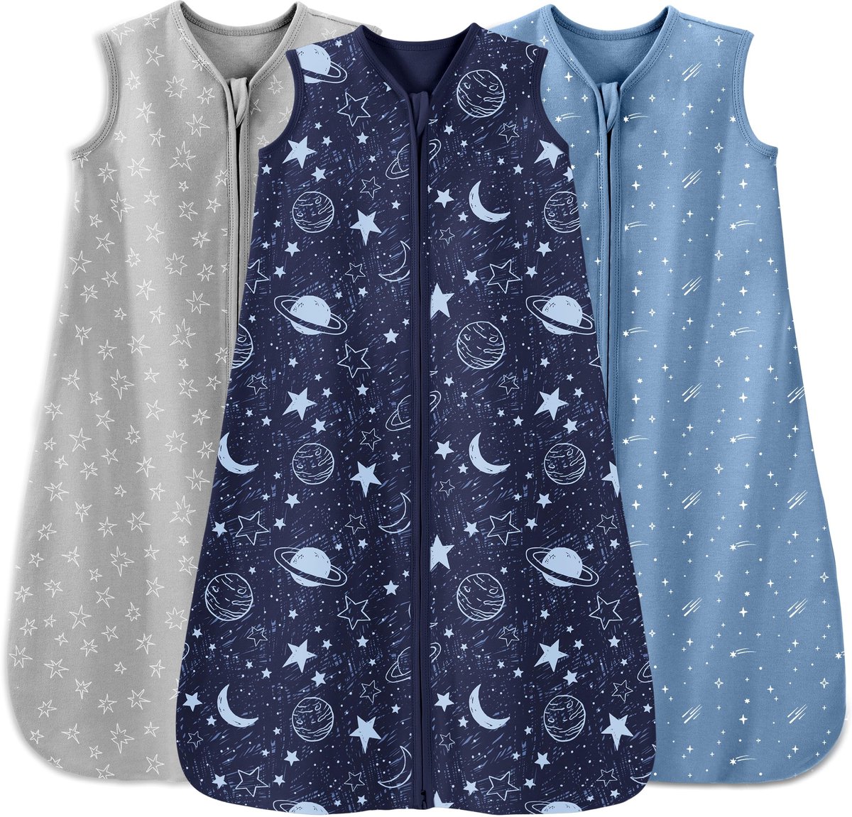 SnelShoppen - 3-pack zomer slaapzak baby 0-6 maanden 0,5 TOG 100% katoen voor jongens en meisjes - Grijze en blauwe planeet slaapzakken 67 cm