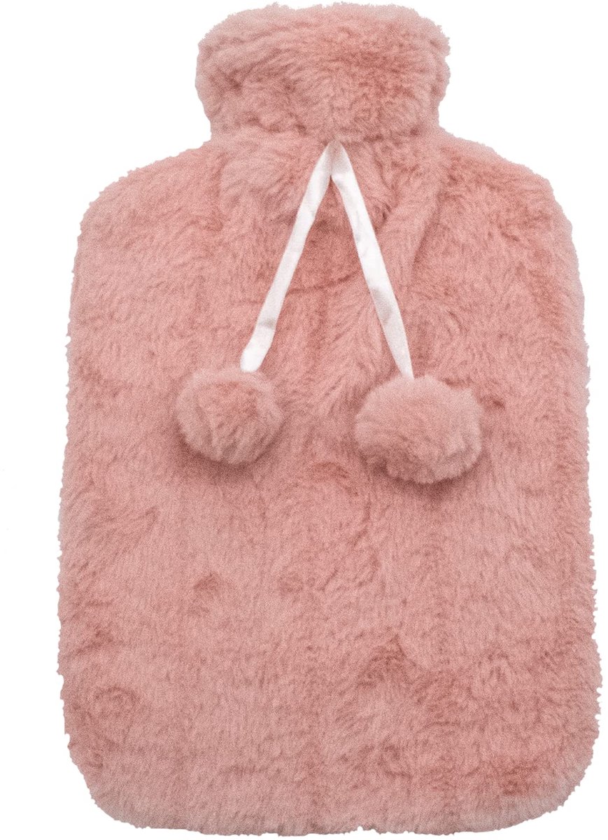 Dailygoods - Grote Fluffy Warmwaterkruik met Furry Cover en Pompons - Roze - 2 Liter
